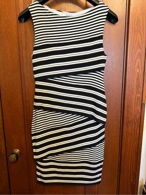 Bailey/44 Petite Black & White Striped Tiered Sheath Dress